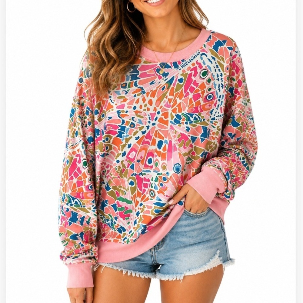 One Eleven North Sweatshirt Womens Large Pink Butterfly Wing Mosaic Print